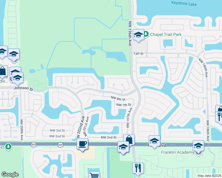 map of restaurants, bars, coffee shops, grocery stores, and more near 19920 Northwest 9th Drive in Pembroke Pines