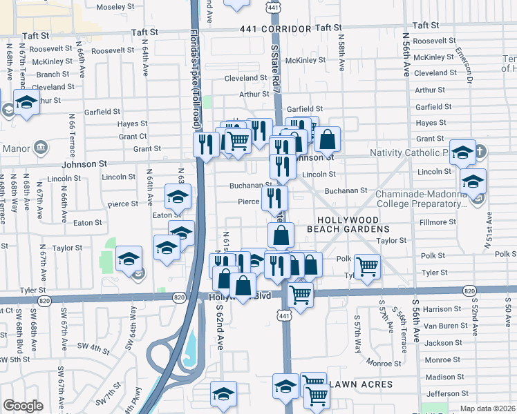 map of restaurants, bars, coffee shops, grocery stores, and more near 514 Northwest 60th Way in Hollywood