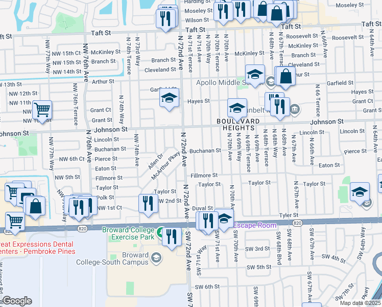 map of restaurants, bars, coffee shops, grocery stores, and more near 610 North 72nd Avenue in Hollywood