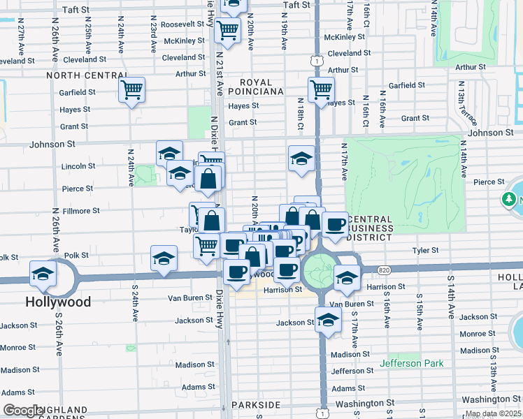 map of restaurants, bars, coffee shops, grocery stores, and more near 1947 Taylor Street in Hollywood
