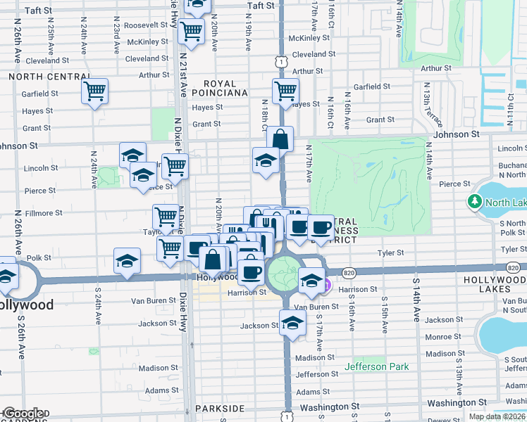 map of restaurants, bars, coffee shops, grocery stores, and more near 414 North 19th Avenue in Hollywood