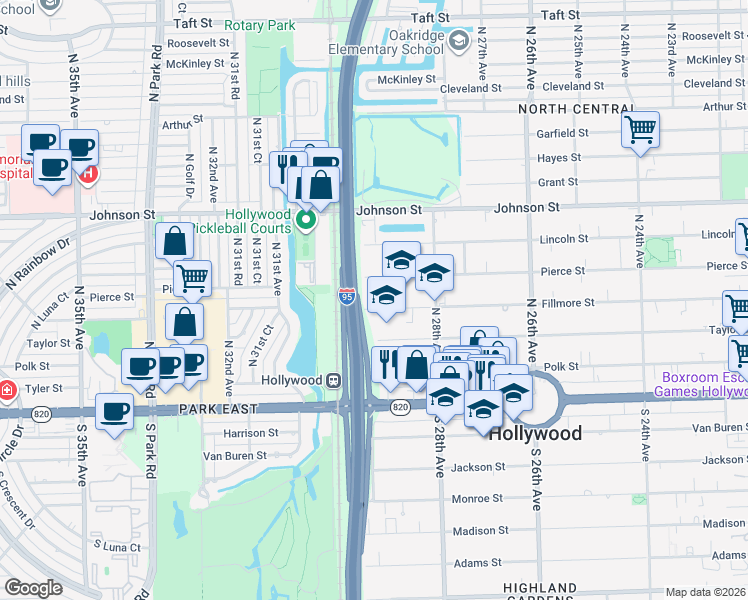 map of restaurants, bars, coffee shops, grocery stores, and more near 2846 Fillmore Street in Hollywood