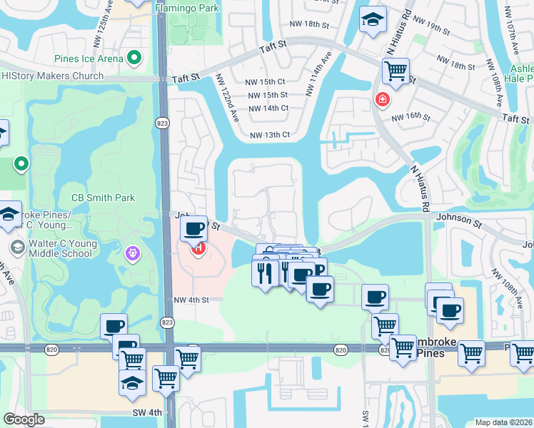 map of restaurants, bars, coffee shops, grocery stores, and more near 11692 Northwest 11th Street in Pembroke Pines