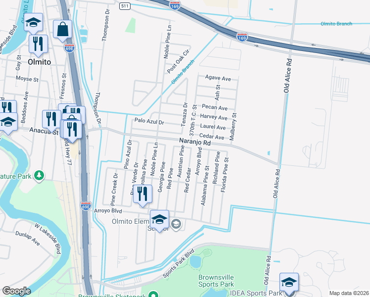 map of restaurants, bars, coffee shops, grocery stores, and more near 7028-7032 Red Cedar in Brownsville