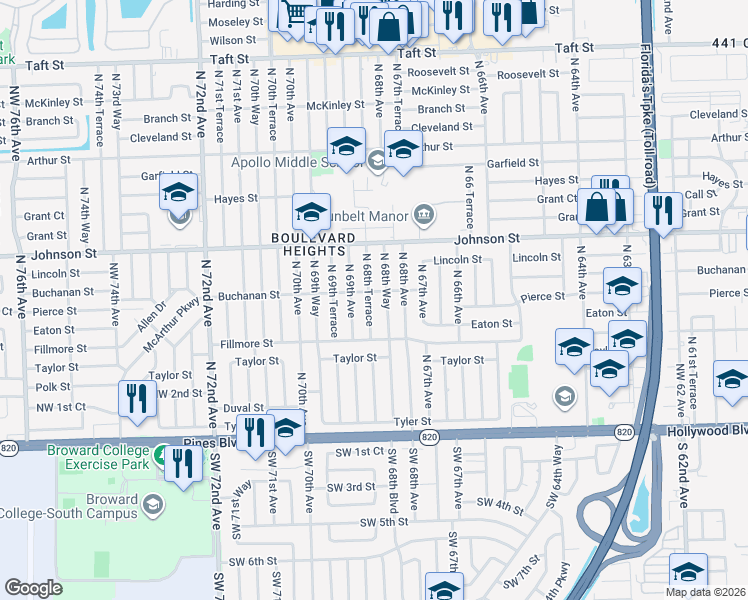 map of restaurants, bars, coffee shops, grocery stores, and more near 600 North 68th Way in Hollywood