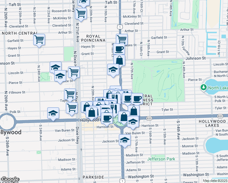 map of restaurants, bars, coffee shops, grocery stores, and more near in Hollywood