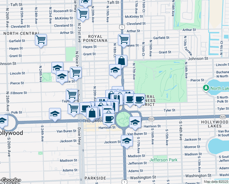 map of restaurants, bars, coffee shops, grocery stores, and more near 414 North 19th Avenue in Hollywood