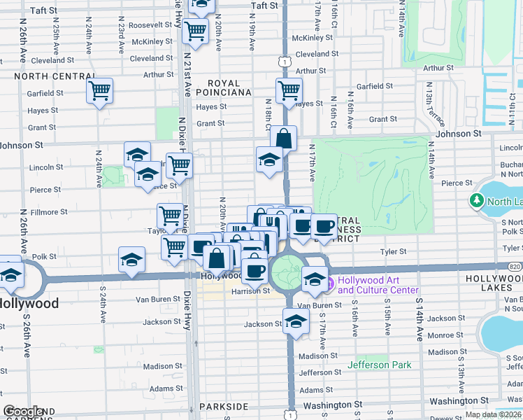map of restaurants, bars, coffee shops, grocery stores, and more near 414 North 19th Avenue in Hollywood