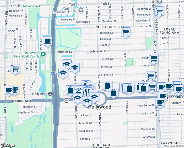 map of restaurants, bars, coffee shops, grocery stores, and more near 2622 Fillmore Street in Hollywood