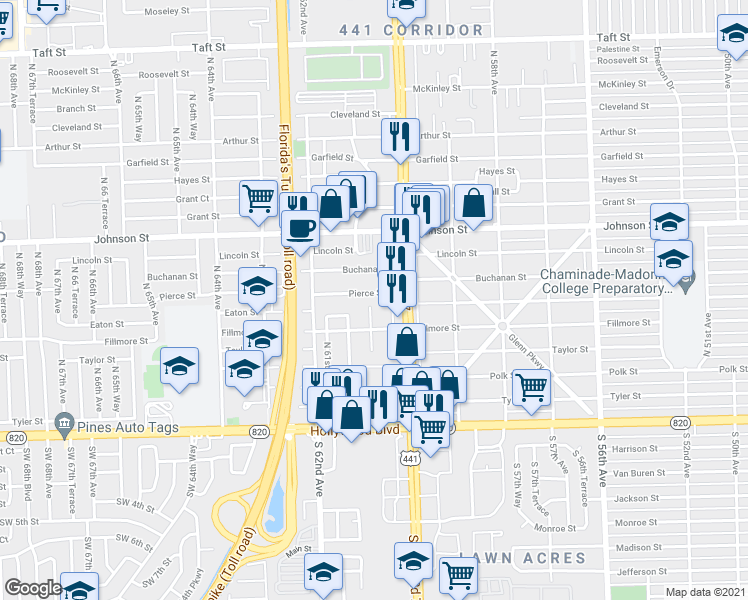 map of restaurants, bars, coffee shops, grocery stores, and more near 514 Northwest 60th Way in Hollywood