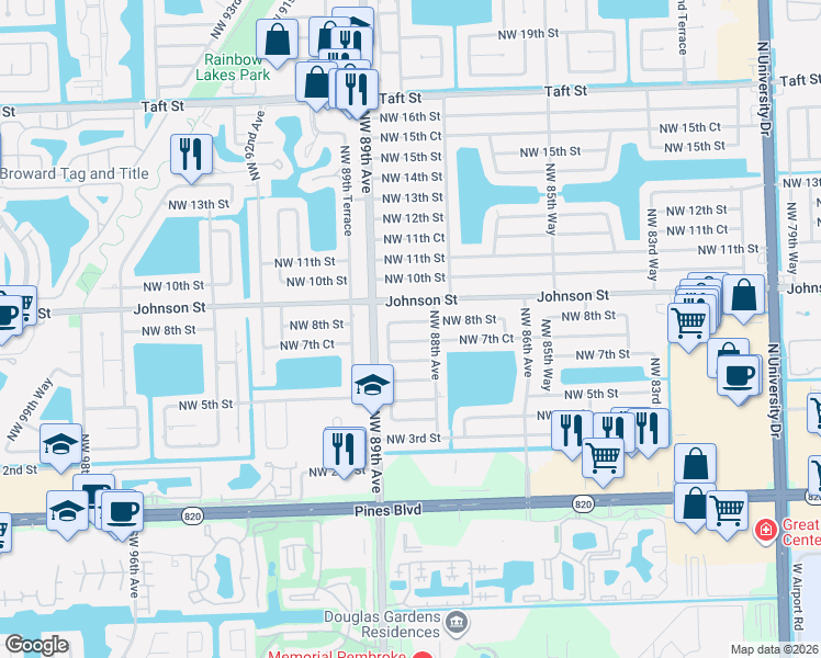 map of restaurants, bars, coffee shops, grocery stores, and more near 8810 Northwest 7th Court in Pembroke Pines