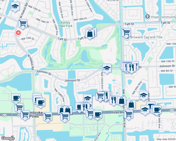 map of restaurants, bars, coffee shops, grocery stores, and more near 10362 Northwest 11th Street in Pembroke Pines