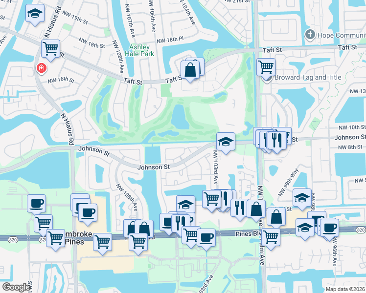 map of restaurants, bars, coffee shops, grocery stores, and more near 10362 Northwest 11th Street in Pembroke Pines