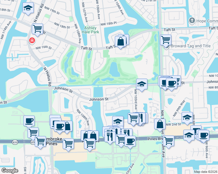 map of restaurants, bars, coffee shops, grocery stores, and more near 10549 Northwest 10th Street in Pembroke Pines