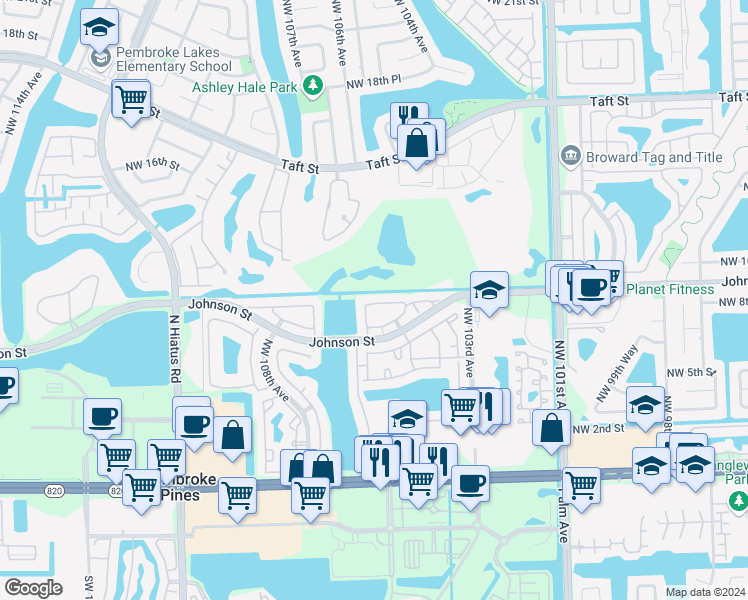 map of restaurants, bars, coffee shops, grocery stores, and more near 10549 Northwest 10th Street in Pembroke Pines
