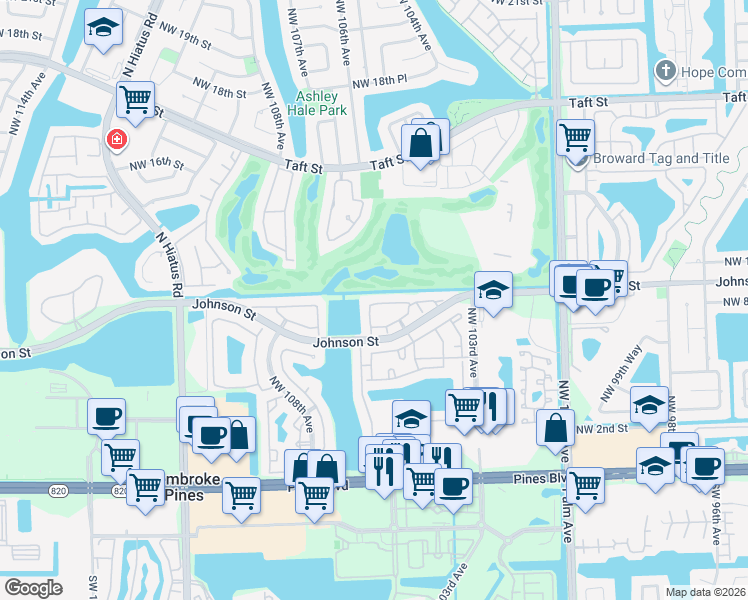 map of restaurants, bars, coffee shops, grocery stores, and more near 10549 Northwest 10th Street in Pembroke Pines