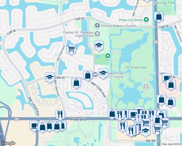 map of restaurants, bars, coffee shops, grocery stores, and more near 1121 Northwest 130th Avenue in Pembroke Pines