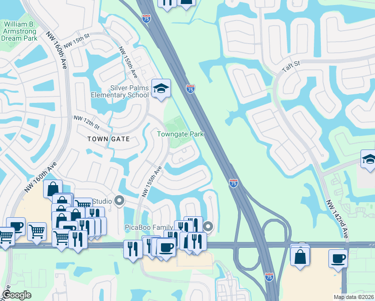 map of restaurants, bars, coffee shops, grocery stores, and more near 15104 Northwest 7th Court in Pembroke Pines
