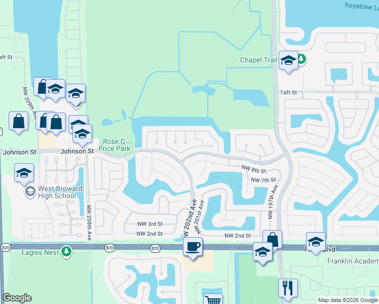 map of restaurants, bars, coffee shops, grocery stores, and more near 20151 Northwest 8th Street in Pembroke Pines