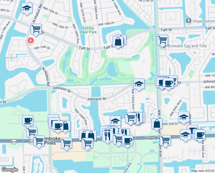 map of restaurants, bars, coffee shops, grocery stores, and more near 10549 Northwest 10th Street in Pembroke Pines