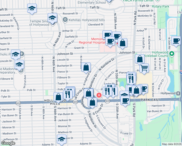 map of restaurants, bars, coffee shops, grocery stores, and more near 507 North Rainbow Drive in Hollywood