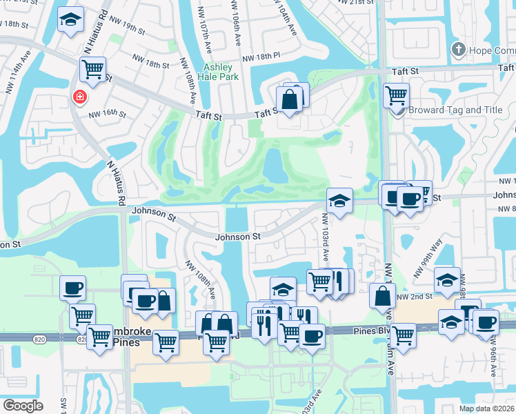 map of restaurants, bars, coffee shops, grocery stores, and more near 10549 Northwest 10th Street in Pembroke Pines