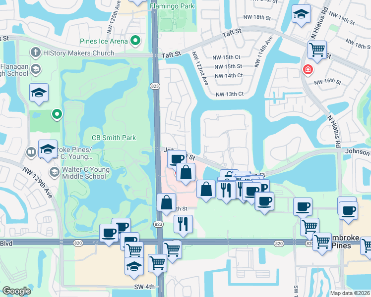 map of restaurants, bars, coffee shops, grocery stores, and more near in Pembroke Pines