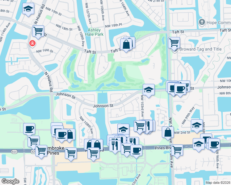 map of restaurants, bars, coffee shops, grocery stores, and more near 10525 Northwest 11th Street in Pembroke Pines