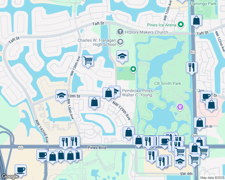 map of restaurants, bars, coffee shops, grocery stores, and more near 1121 Northwest 130th Avenue in Pembroke Pines