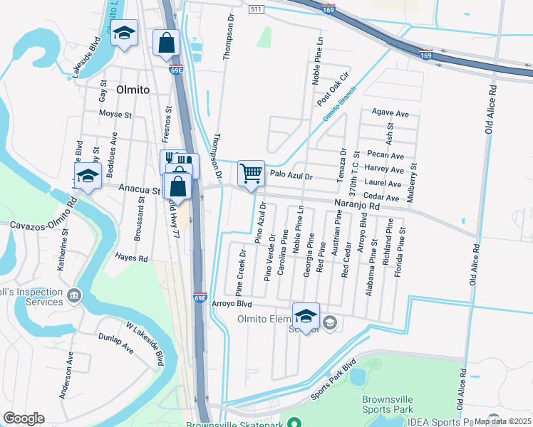 map of restaurants, bars, coffee shops, grocery stores, and more near 6732 Pino Verde Drive in Brownsville