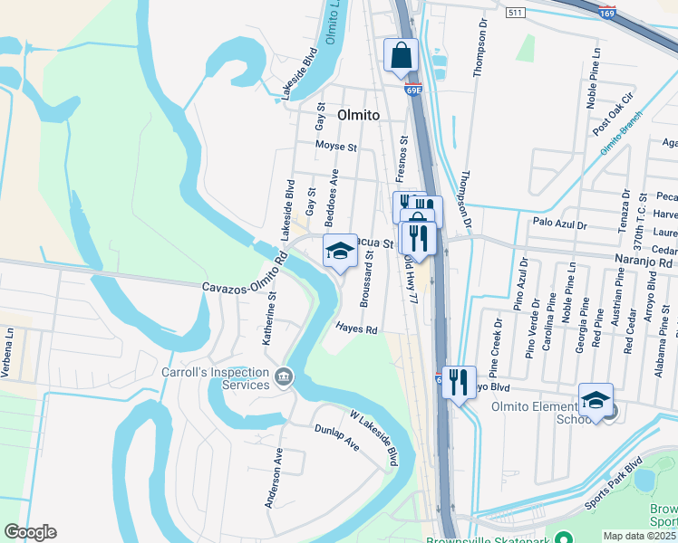 map of restaurants, bars, coffee shops, grocery stores, and more near 7105-7111 Parker Street in Olmito