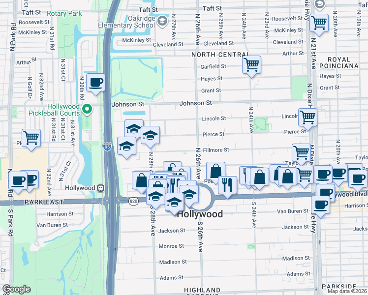 map of restaurants, bars, coffee shops, grocery stores, and more near 2622 Fillmore Street in Hollywood
