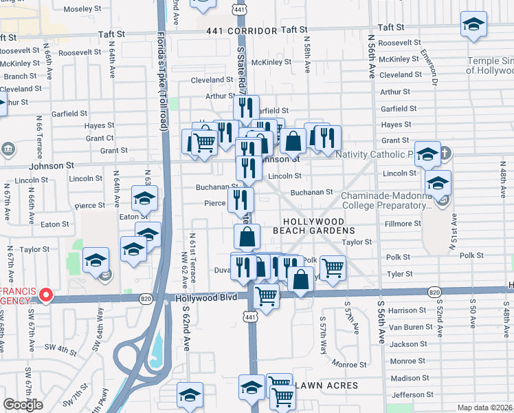 map of restaurants, bars, coffee shops, grocery stores, and more near 5916 Pierce Street in Hollywood