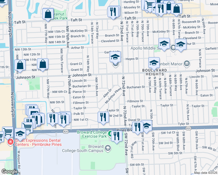 map of restaurants, bars, coffee shops, grocery stores, and more near 7261 McArthur Parkway in Hollywood