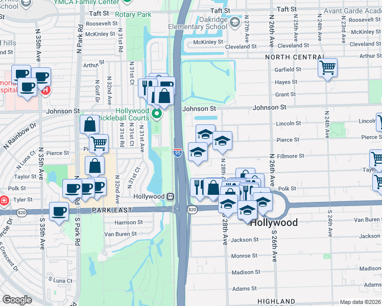 map of restaurants, bars, coffee shops, grocery stores, and more near 2847 Fillmore Street in Hollywood
