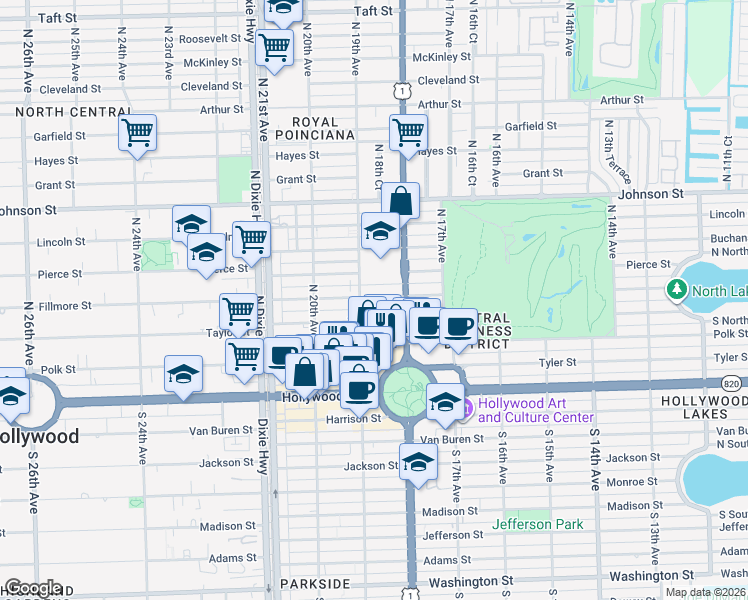 map of restaurants, bars, coffee shops, grocery stores, and more near 414 North 19th Avenue in Hollywood
