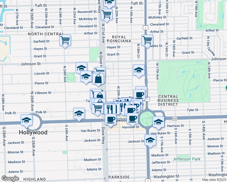 map of restaurants, bars, coffee shops, grocery stores, and more near 2029 Taylor Street in Hollywood