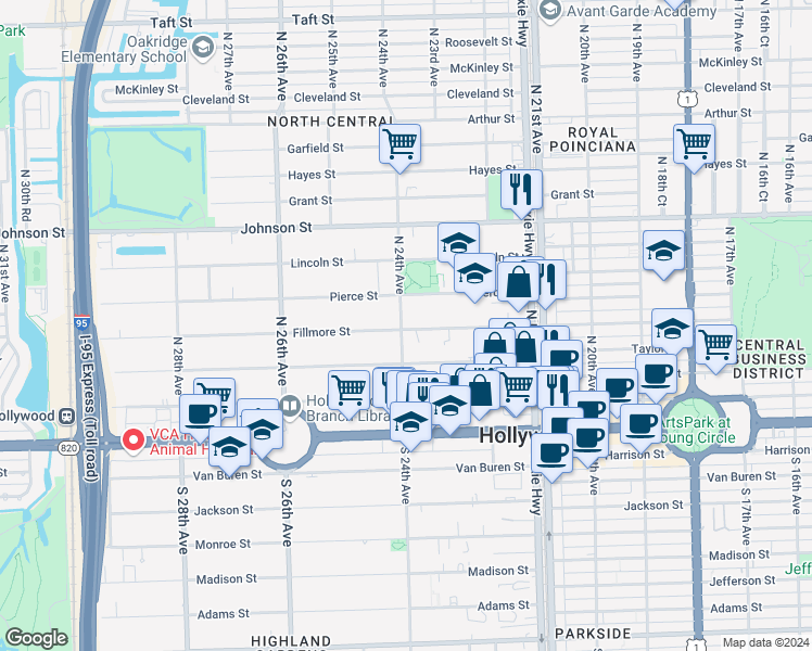 map of restaurants, bars, coffee shops, grocery stores, and more near 2332 Fillmore Street in Hollywood