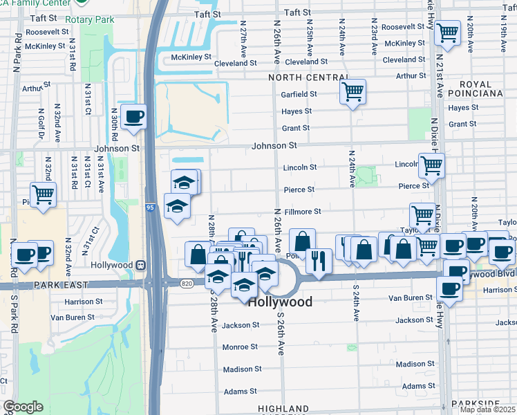 map of restaurants, bars, coffee shops, grocery stores, and more near 2622 Fillmore Street in Hollywood