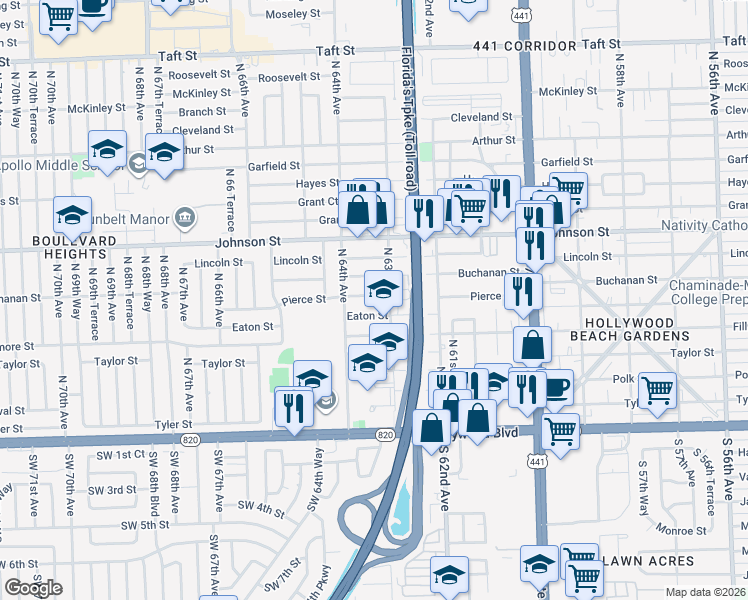 map of restaurants, bars, coffee shops, grocery stores, and more near 6301 Fillmore Street in Hollywood
