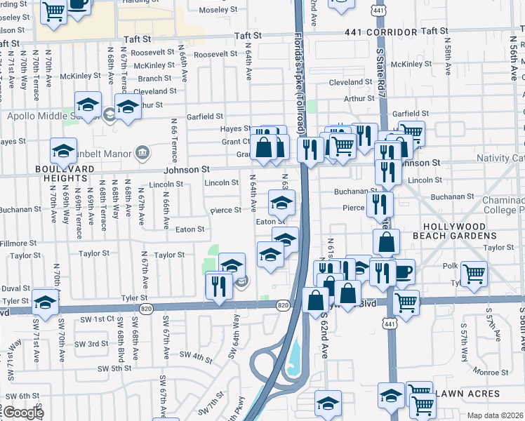 map of restaurants, bars, coffee shops, grocery stores, and more near 6331 Eaton Street in Hollywood