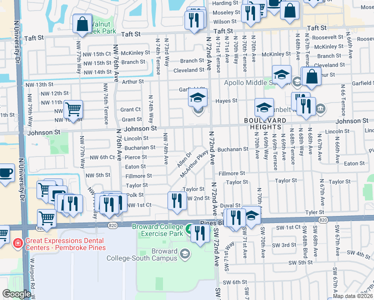map of restaurants, bars, coffee shops, grocery stores, and more near 7261 McArthur Parkway in Hollywood