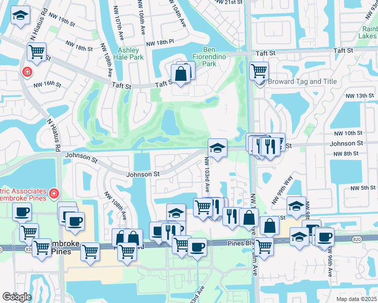 map of restaurants, bars, coffee shops, grocery stores, and more near 10362 Northwest 11th Street in Pembroke Pines