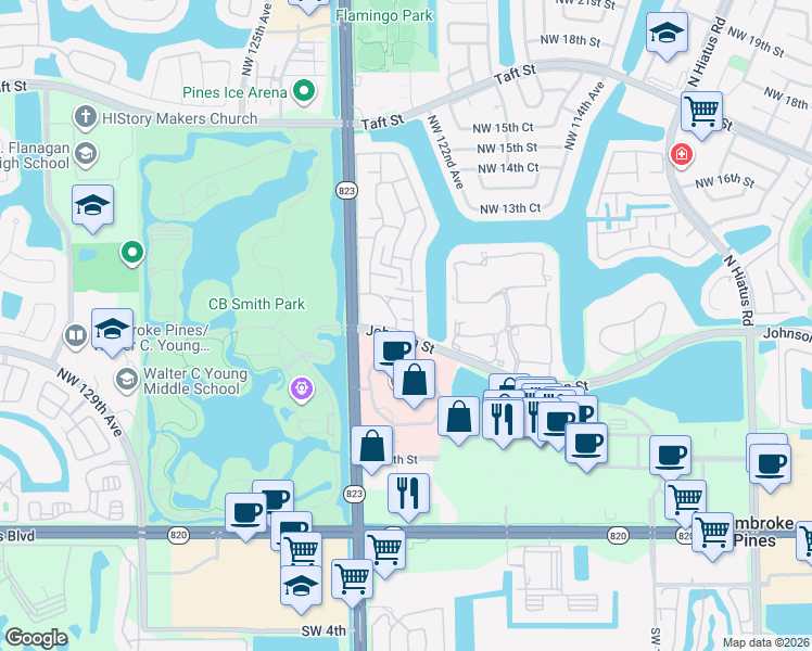 map of restaurants, bars, coffee shops, grocery stores, and more near in Pembroke Pines