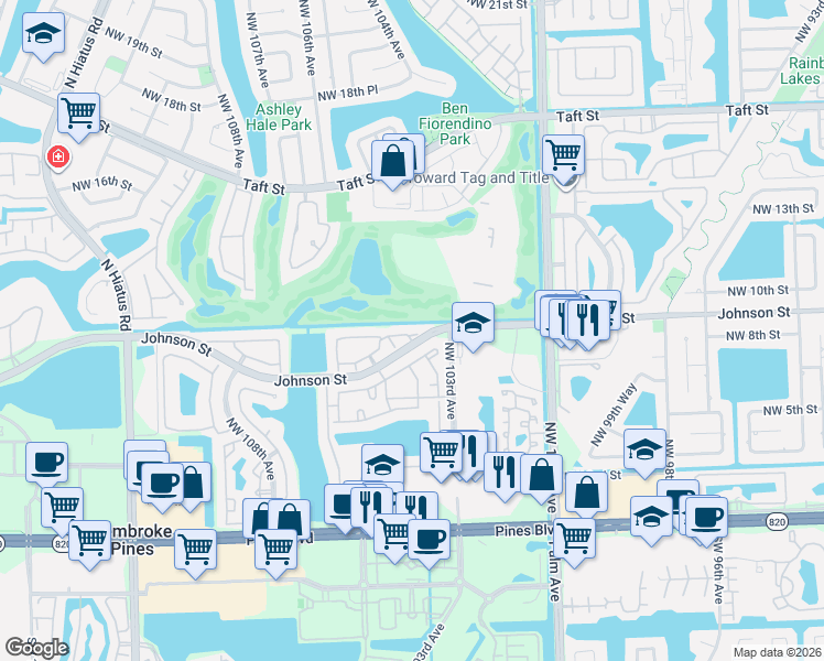 map of restaurants, bars, coffee shops, grocery stores, and more near 10362 Northwest 11th Street in Pembroke Pines
