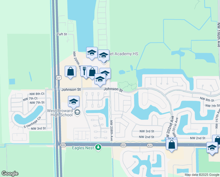 map of restaurants, bars, coffee shops, grocery stores, and more near 20803 Johnson Street in Pembroke Pines