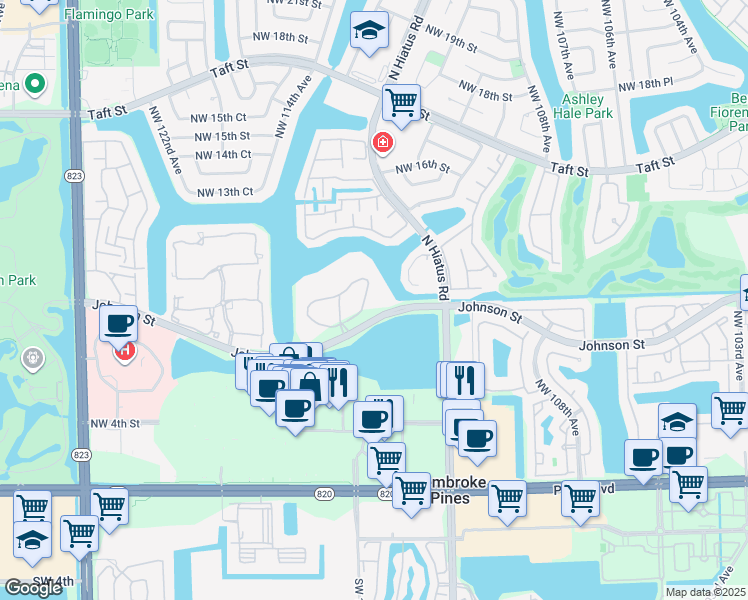 map of restaurants, bars, coffee shops, grocery stores, and more near 901 Colony Point Circle in Pembroke Pines