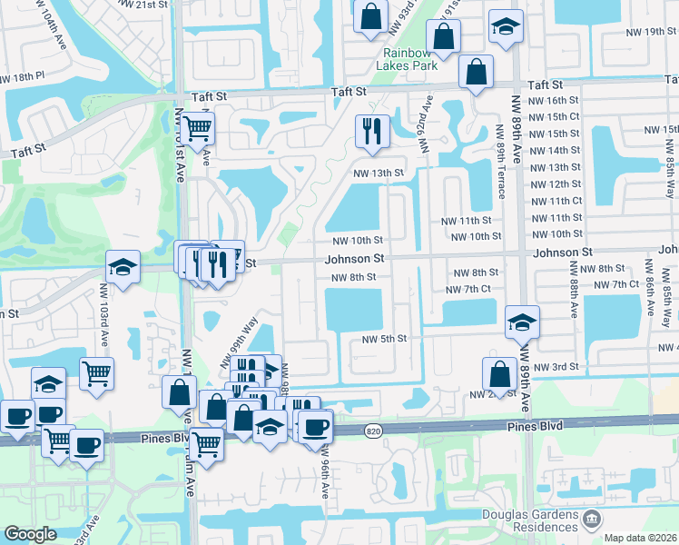 map of restaurants, bars, coffee shops, grocery stores, and more near 9531 Northwest 8th Street in Pembroke Pines