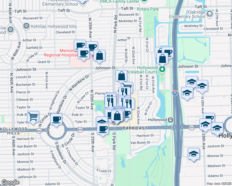 map of restaurants, bars, coffee shops, grocery stores, and more near 3262 Pierce Street in Hollywood