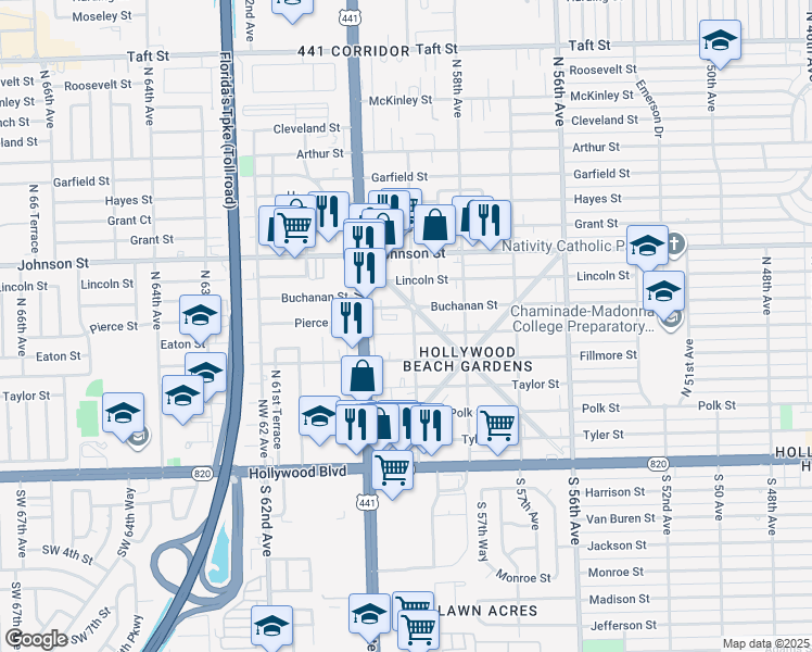map of restaurants, bars, coffee shops, grocery stores, and more near 5916 Pierce Street in Hollywood